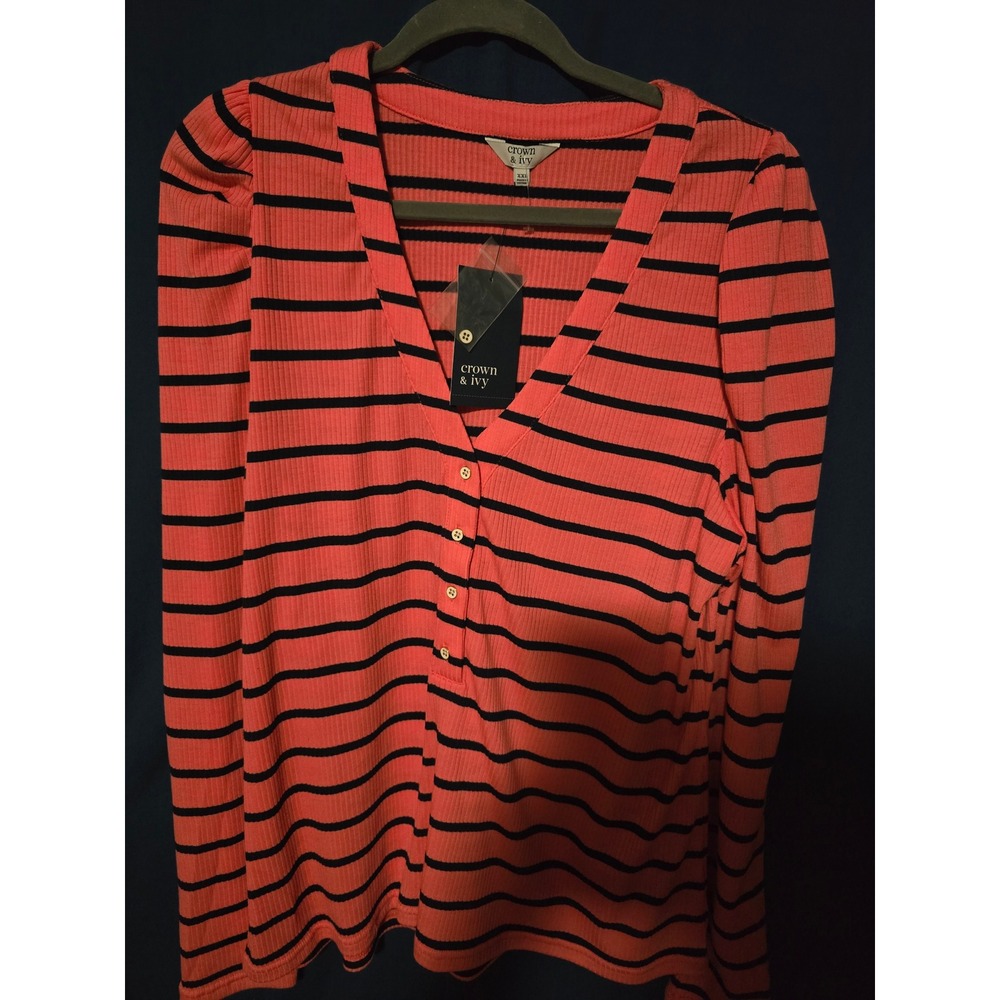 Crown & Ivy Womens XXL NWT Coral Pink Navy Blue Striped Ribbed Henley Top V-Neck
